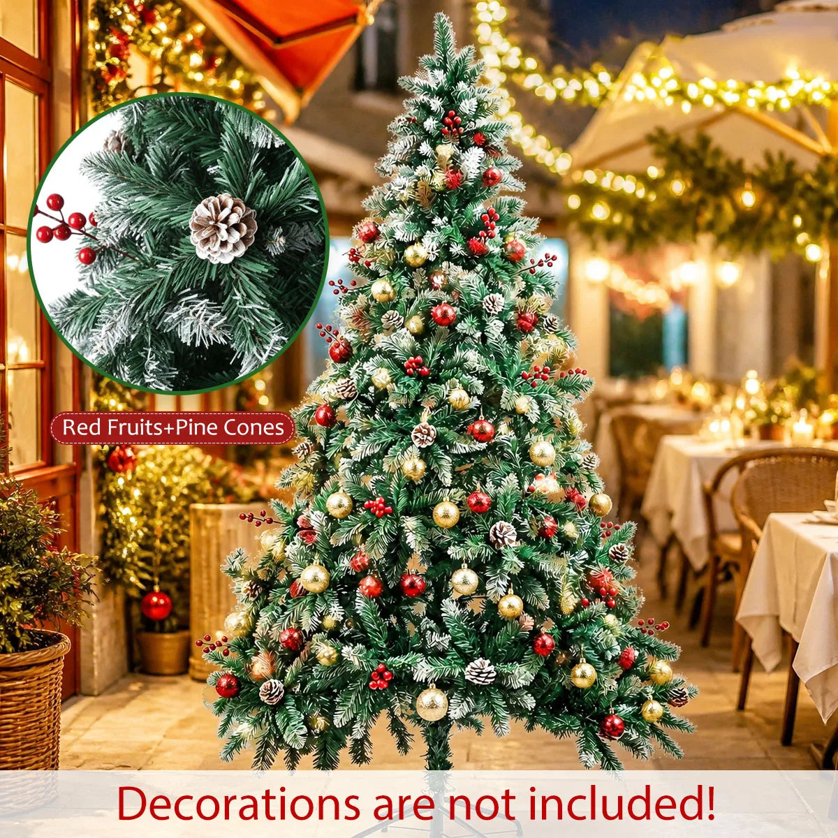 7FT 8FT Snow Flocked Artificial Christmas Tree with Pine Cones & Red Berries, Hinged Xmas Tree with Foldable Metal Stand for Indoor Holiday Home Decor