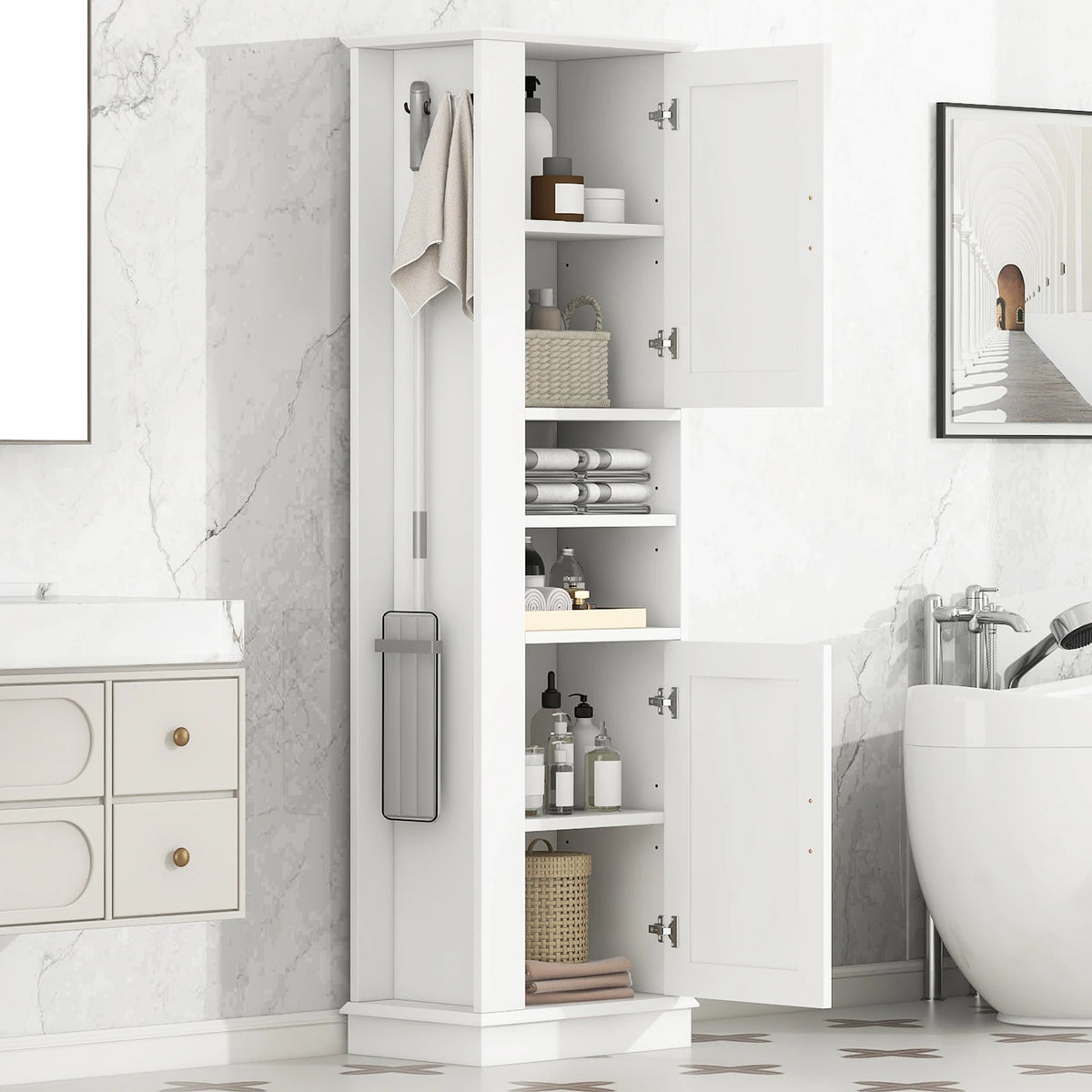 Freestanding Bathroom Storage Cabinet White MDF Tall Organizer with Adjustable Shelves and Side Hook Laundry Room Floor Unit
