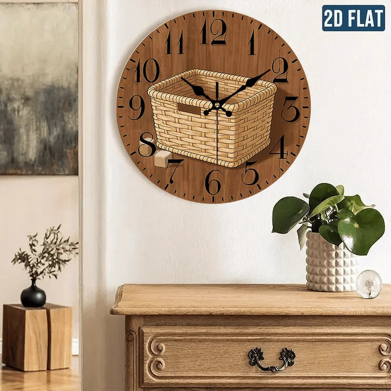 2D Flat. 1pc, Wooden Wall Clock: a Minimalist Clock That Serves As a Creative Home Decor Item, Featuring a Silent Round Design, Perfect for Decorating Bedrooms, Living Rooms, Offices, Kitchens, And Bathrooms