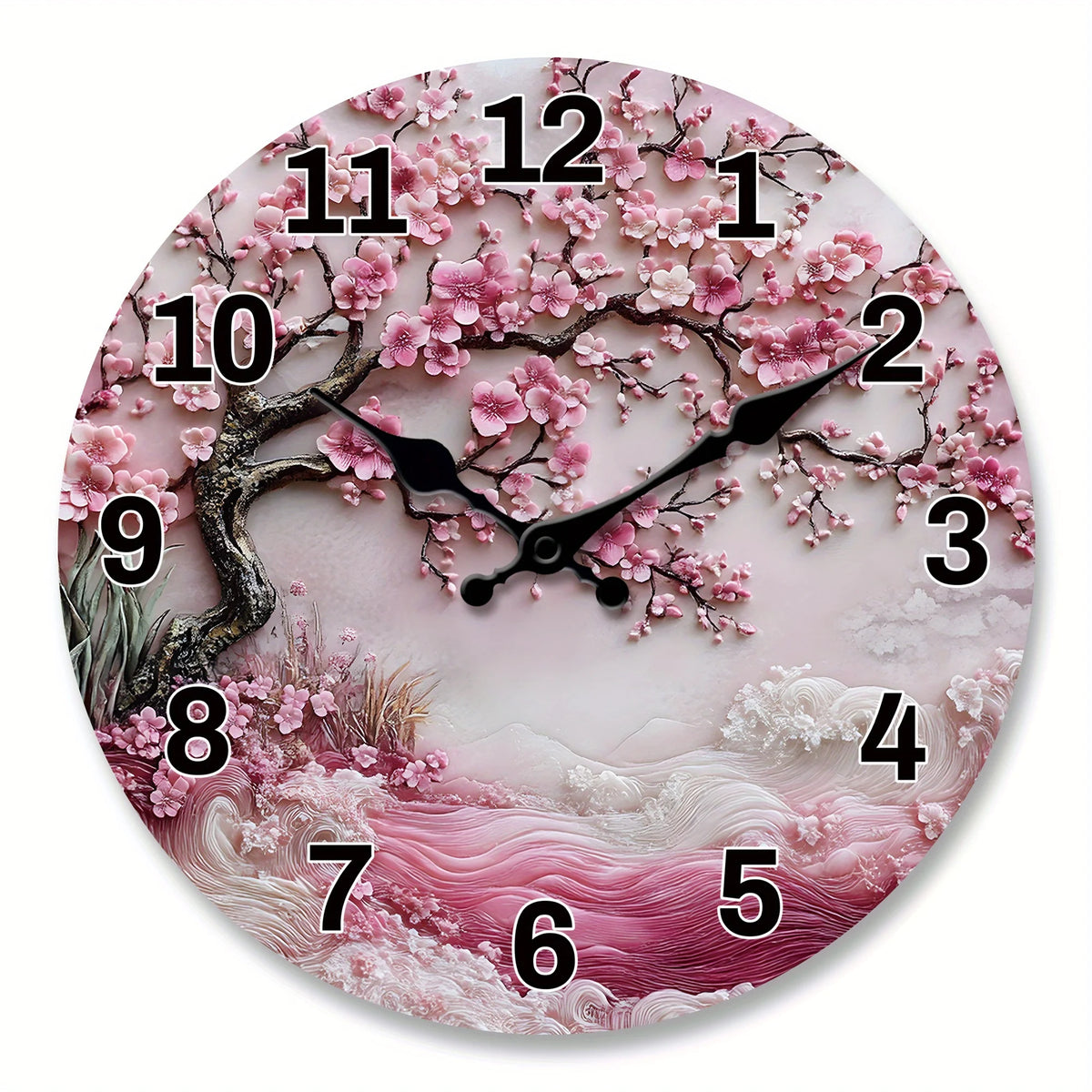 1pc, Japanese - Cherry - Blossom Themed Wooden Wall Clock, Designed with Pink - Cherry - Blossoms - and - Waves - Pattern, Silent Quartz Clock, Suitable for Living Room, Bedroom, Kitchen, Office Decoration, Modern Home Art De