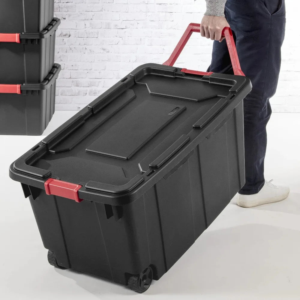 Sterilite Extra Large Storage Bin, 40 Gallon Wheeled Plastic Storage Container with Handle, Black, Pack of 2, Industrial