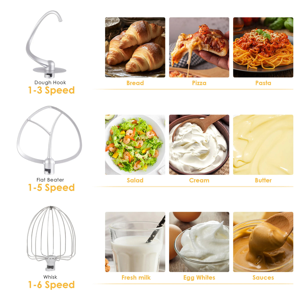 BioloMix Kitchen Food Stand Mixer, Blender, Quiet Motor, Cream Egg Whisk, Whip Dough Kneader, 6-Speed, 1200 W, 6 L, DC