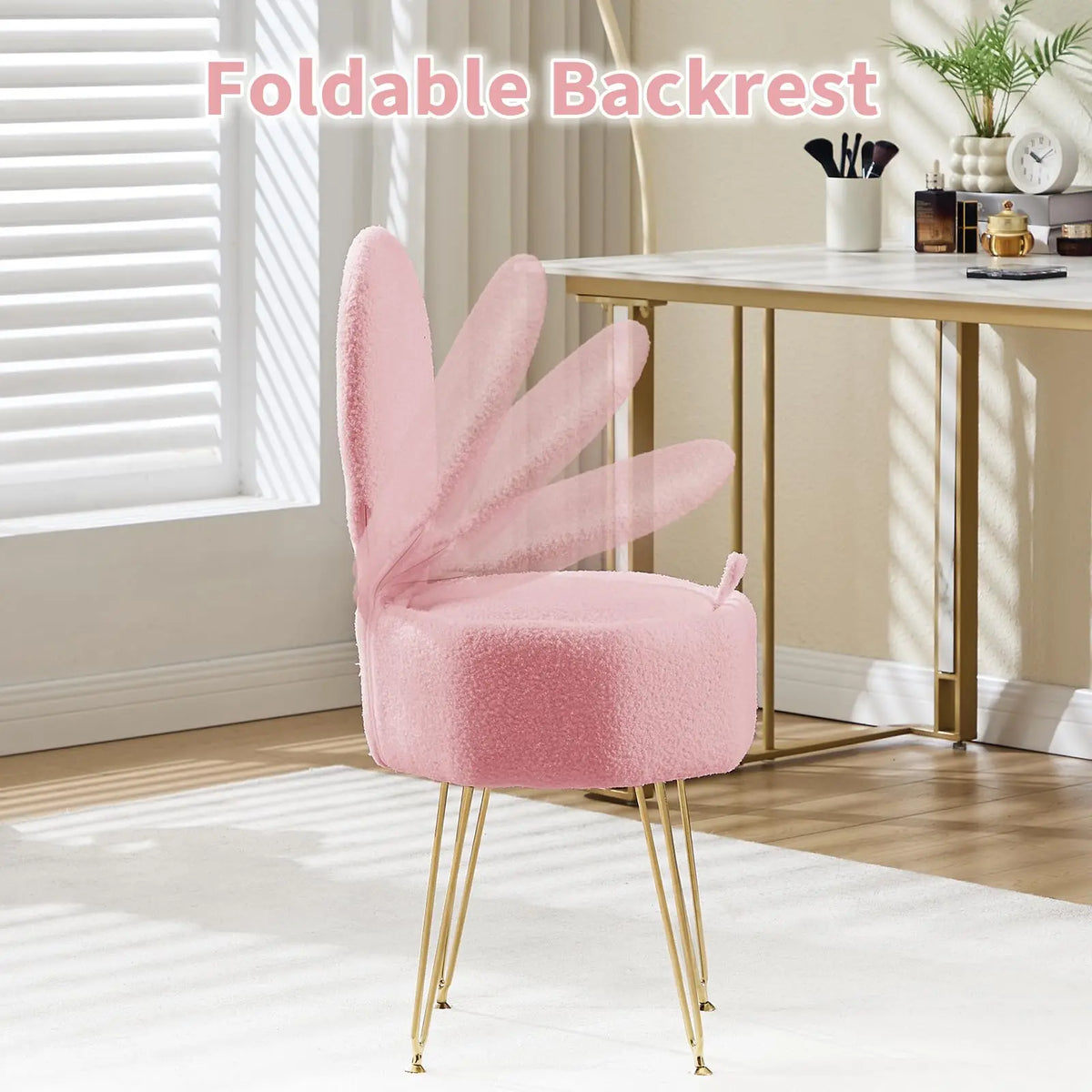 Vanity Stool Chair with Pillow & Foldable Backrest, Sherpa Fleece Vanity Chair with Stroage Space & Metal Legs, Soft Storage Ottoman, Modern Accent Chair for Makeup Bedroom Living Room