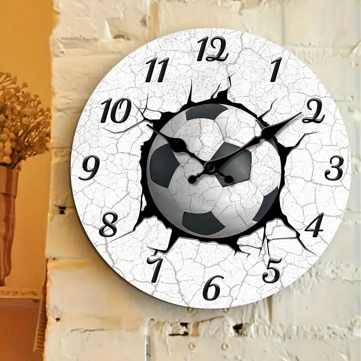1pc 25.4-40.64 cm Sports Football Wooden Wall Clock, Football Print Crack-Sports Theme Design Round Wall Clock-Silent Quartz Clock, Suitable for Living Room, Kitchen, Bedroom, Office, Gym Decoration, Home Decor, Wall Decor, G