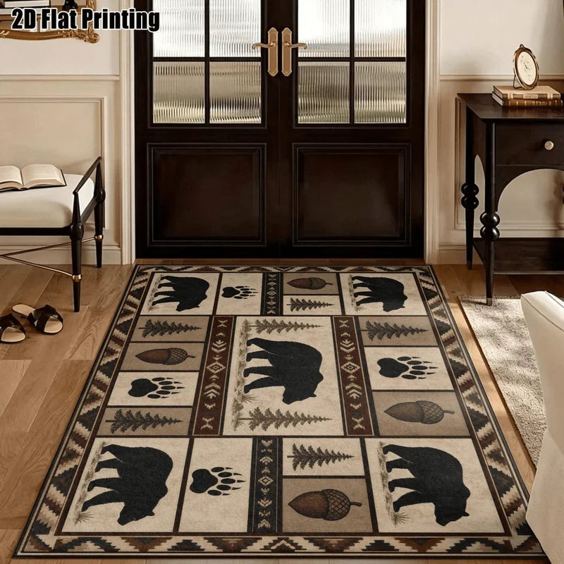 1Pc American Retro Black Bear Pinecone Pattern Rug, Machine Washable, Personalized Decoration, Retro Style Home Decoration, Suitable for Living Room, Bedroom, Entryway, Office, Corridor and Other Areas