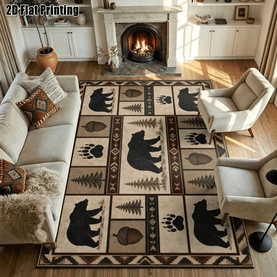 1Pc American Retro Black Bear Pinecone Pattern Rug, Machine Washable, Personalized Decoration, Retro Style Home Decoration, Suitable for Living Room, Bedroom, Entryway, Office, Corridor and Other Areas