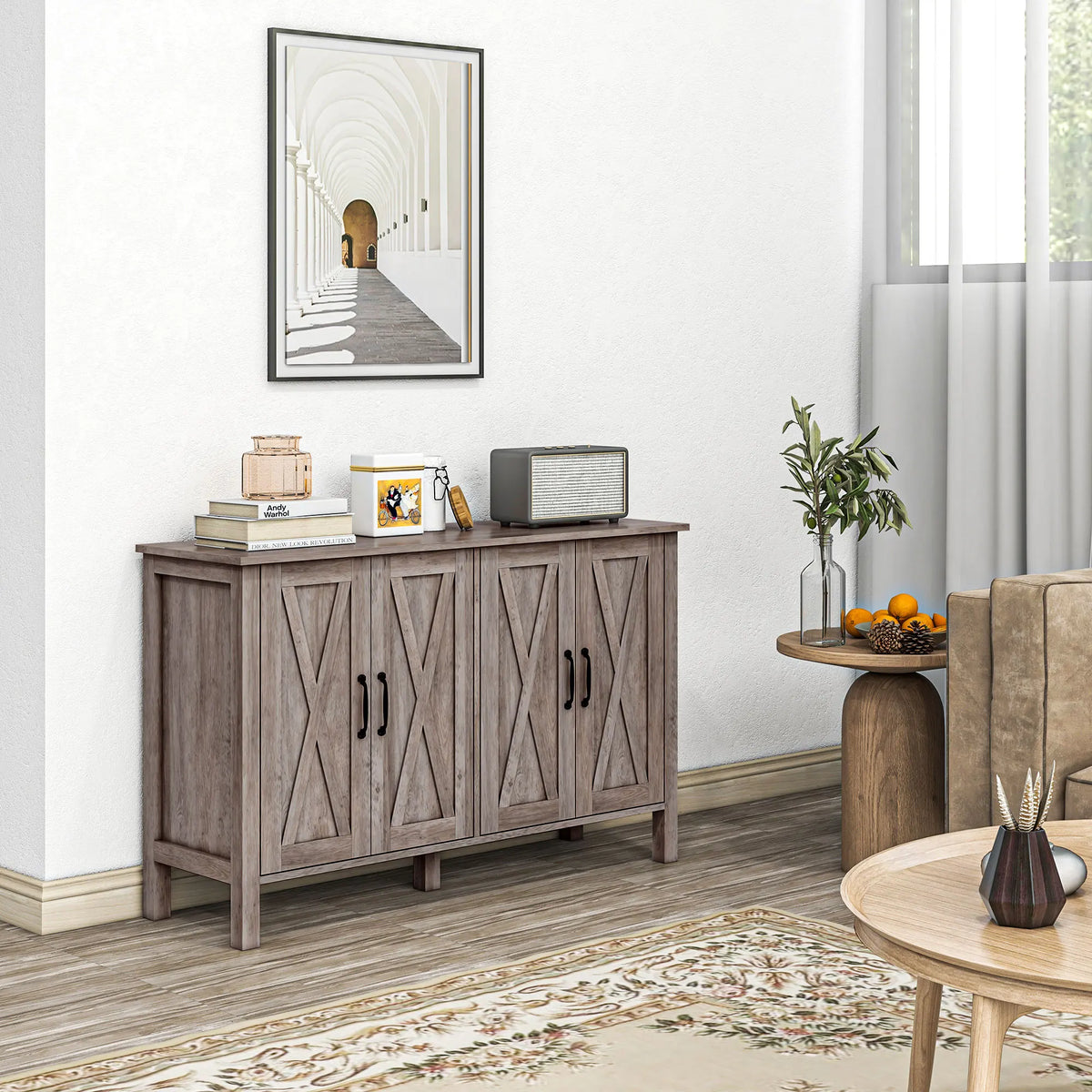 Buffet Cabinet, 47" Sideboard with 4 Barn Doors and 2 Adjustable Shelves, Farmhouse Coffee Bar Cabinet, Gray Wood Grain