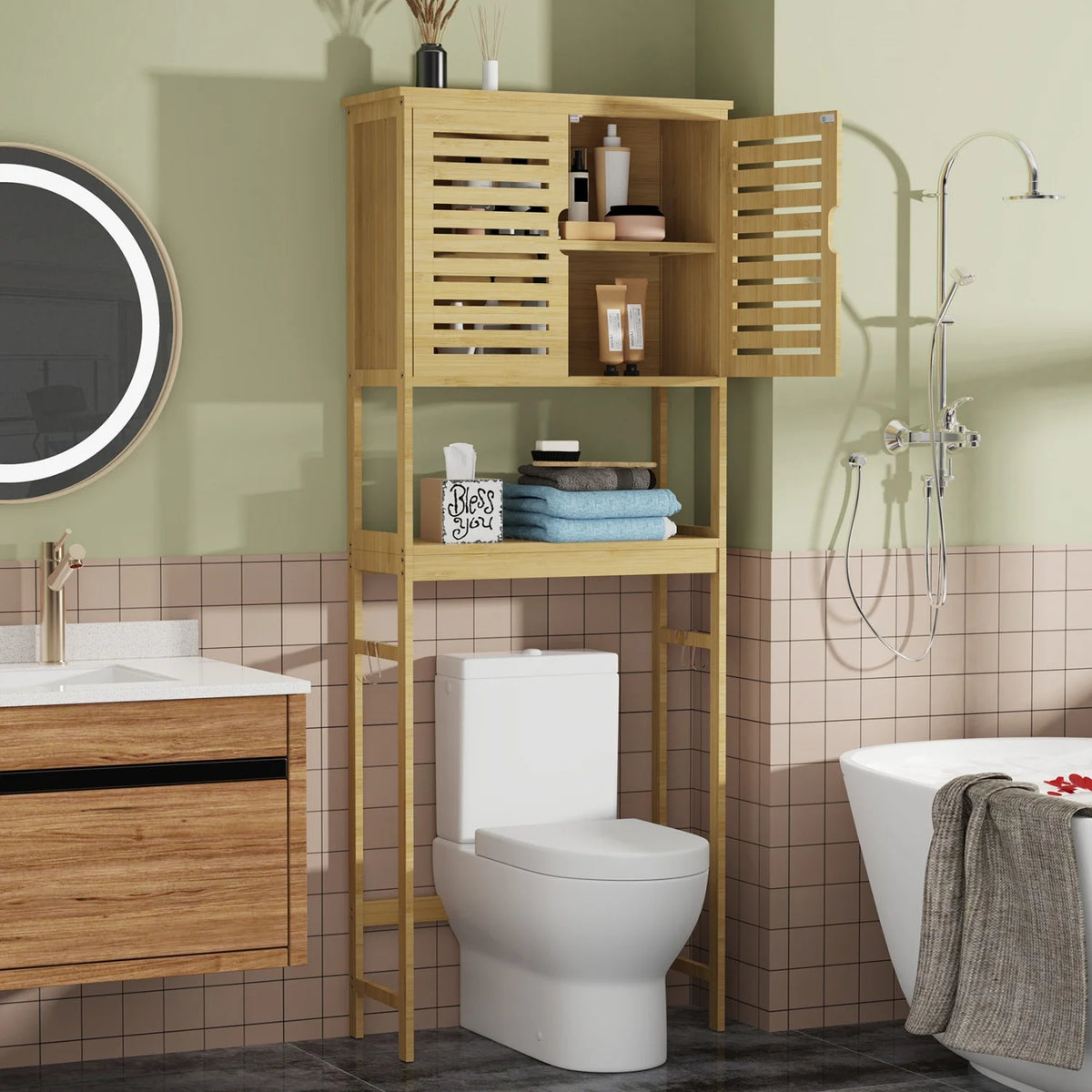 Natural Bamboo Over The Toilet Storage Rack 3-Tier Shelves Storage Shelf Cabinet Bathroom Organizer Space Saver