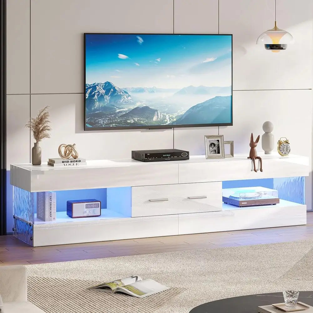 High Gloss LED Entertainment Center Stand for TVs up to 75 Inch with Stone-Edged Do TV with Der & Storage for Living Room