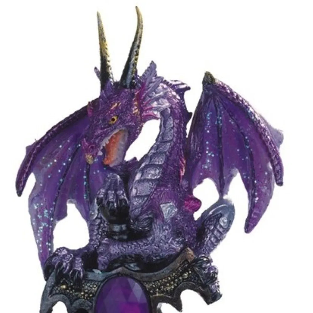 6"H Purple Dragon with Gem Figurine – Fantasy Dragon Statue with Faux Crystal Geode Base, Decorative Resin Collectible for Office Desk, Bookshelf, Home Decor, Gothic Gift for Dragon Lovers