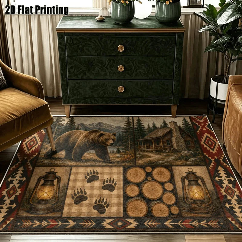 1Pc American Retro Bohemian Brown Bear Cabin Carpet, Machine Washable, Unique Decor, Retro Style Home Essential, Suitable for Living Room, Bedroom, Entryway, Office, Balcony and Other Areas