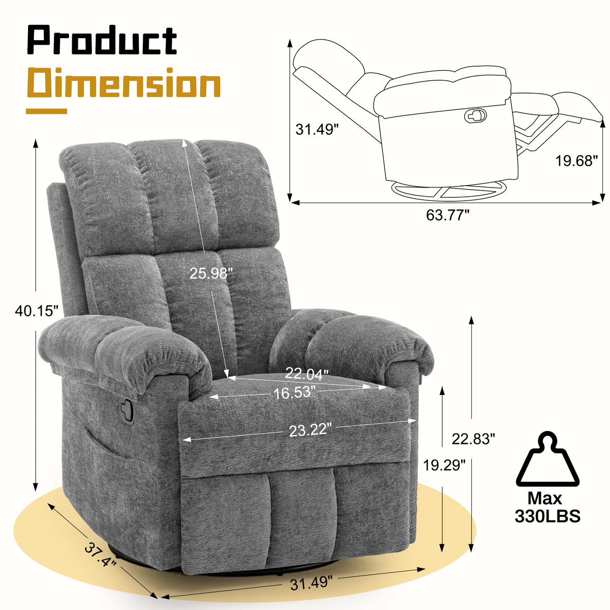 Korser Swivel Rocker Recliner Chair with Side Pockets Small Recliner for Small Spaces for Living Room, Nursery, Chenille