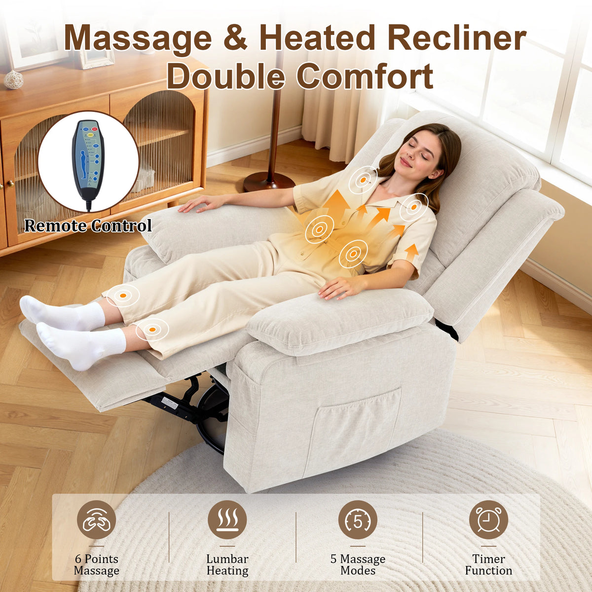 Korser Swivel Small Rocker Recliner Chair with Massage Chenille fabric Folding Armchair for Living Room,Bedroom