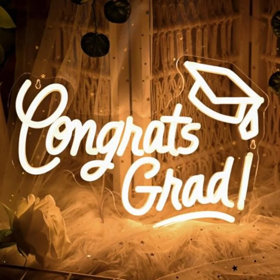 Congrats Grad Neon Sign with Graduation Cap, 16*11In Warm White Grad Light Up Led Sign for Class of 2026 Graduation Party Decor