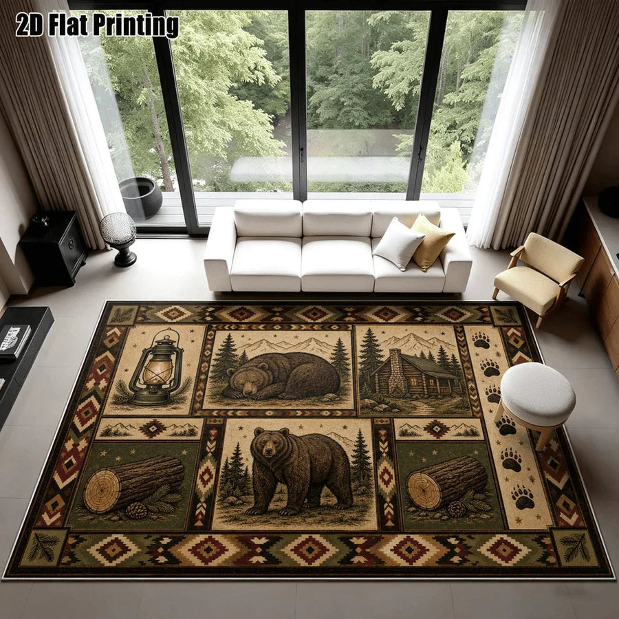 1Pc American Retro Bohemian Brown Bear Cabin Carpet, Art Decorative Rug for Living Room, Bedroom, Dining Room, Bedside, Indoor and Outdoor Patio, Home Decor
