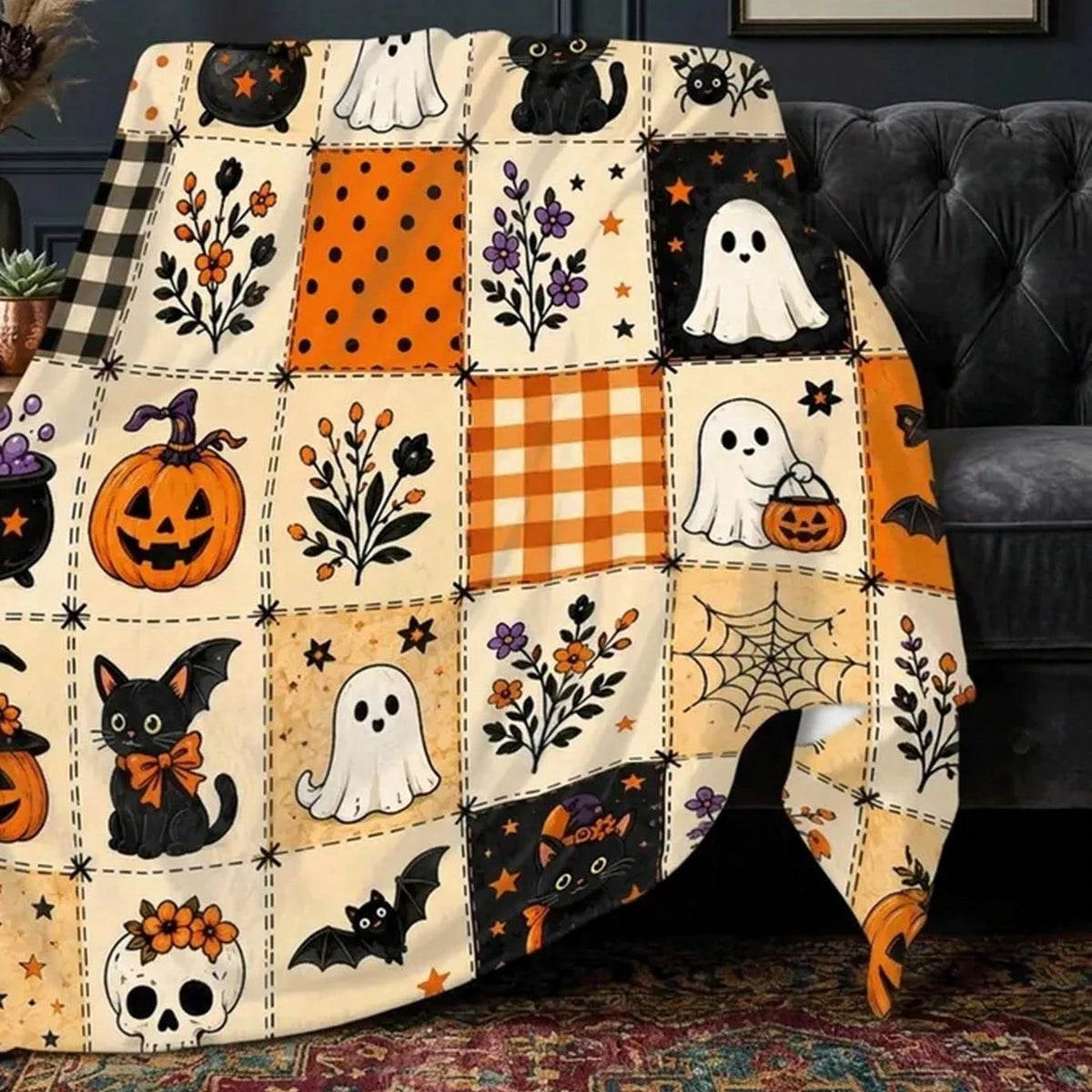 Halloween Ghost Fleece Blanket, Spooky Black Cat Throw Blanket, Pumpkin Patchwork Blanket, Cozy Fall Halloween Home Decor Gift