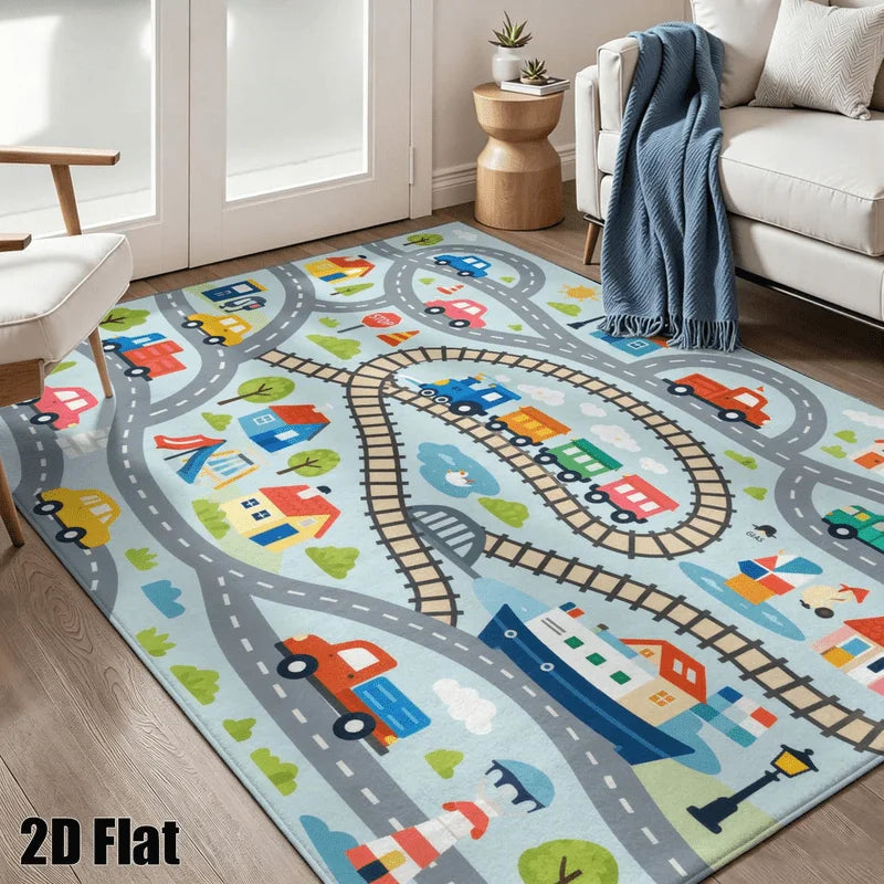 1Pc Cartoon Transportation Town Pattern Printed Rug, Retro Art Decorative Rug for Living Room, Bedroom, Dining Room, Bedside, Indoor and Outdoor Patio, Home Decor