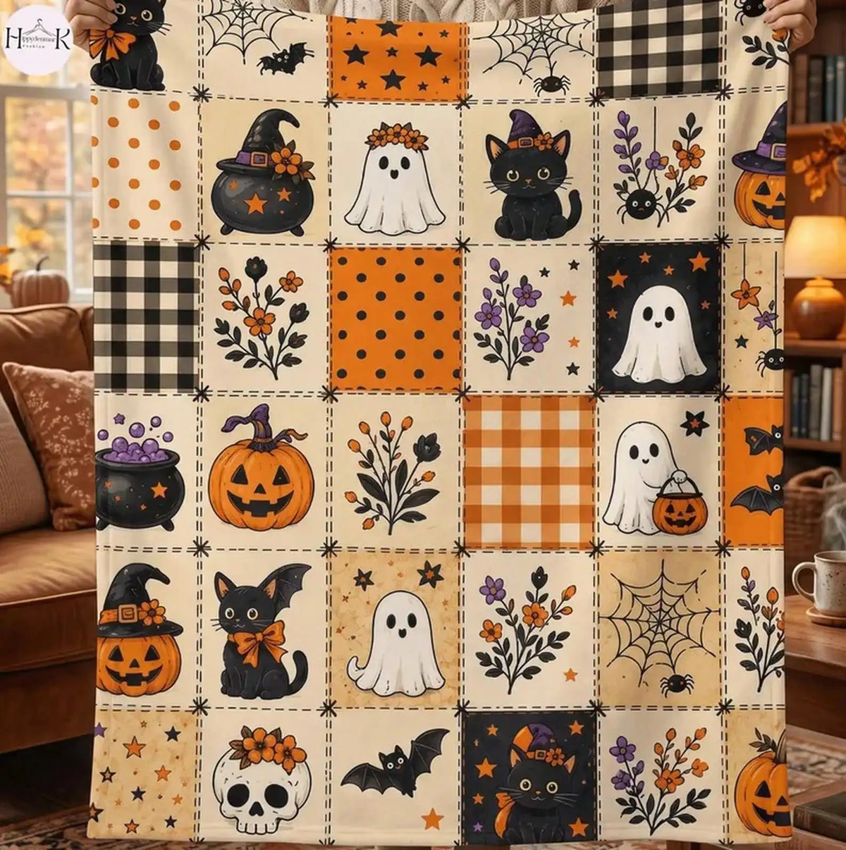Halloween Ghost Fleece Blanket, Spooky Black Cat Throw Blanket, Pumpkin Patchwork Blanket, Cozy Fall Halloween Home Decor Gift