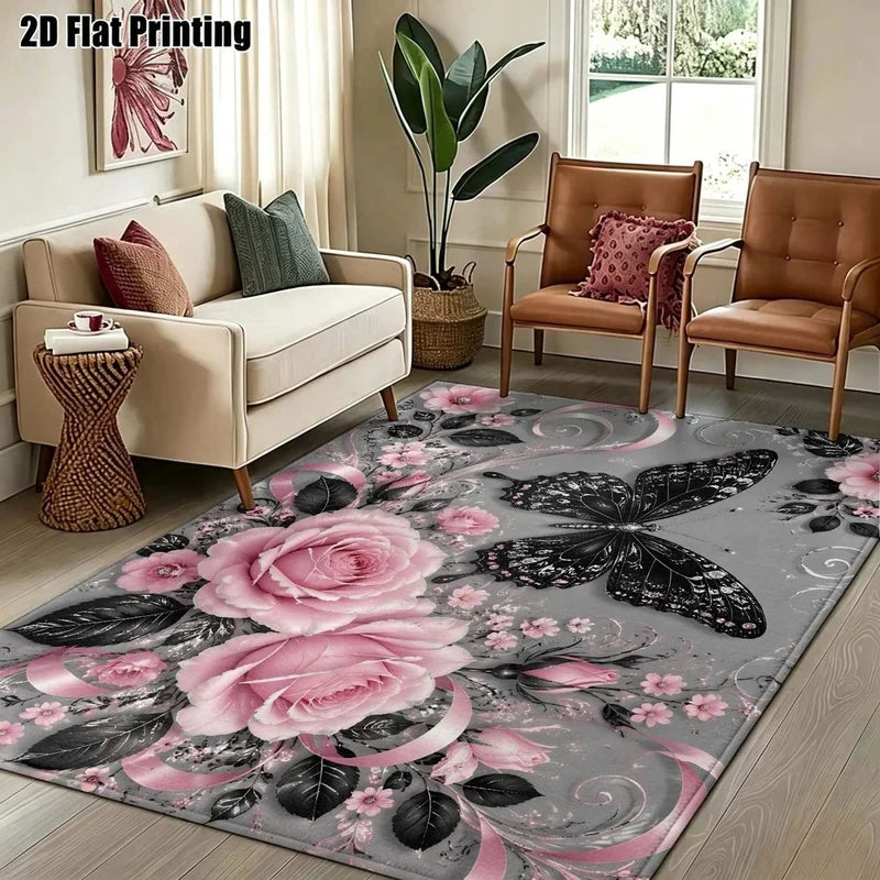 1Pc Light Luxury Retro Pink Rose Black Butterfly Printed Carpet, Warm Home Decoration, Artistic Decorative Carpet, Suitable for Living Room, Bedroom, Dining Room, Bedside, Indoor and Outdoor Patio, Home Decoration