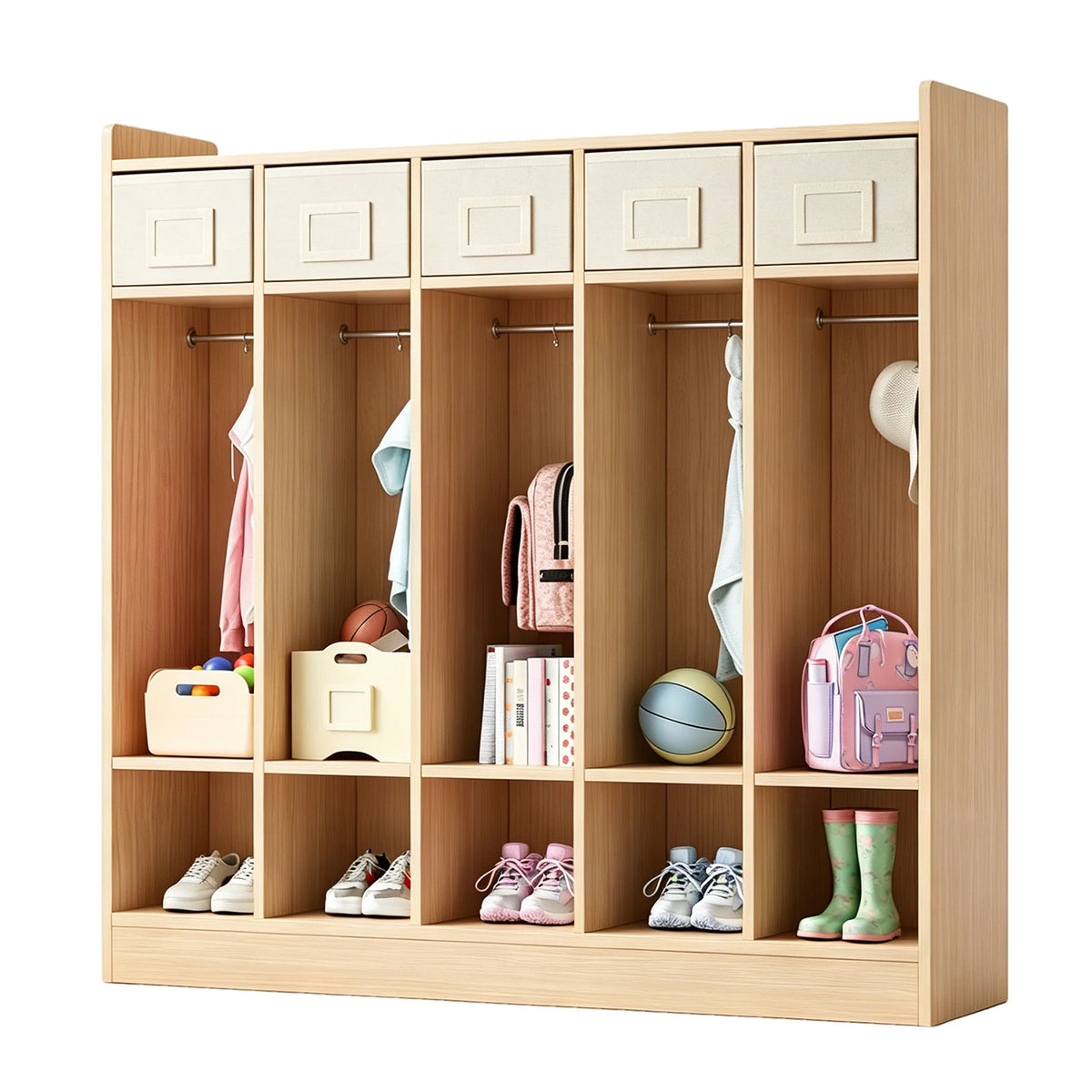 5-Section Classroom Coat Locker With 10 Cubbies & Hooks, Kids Daycare Storage Organizer With 5 Bins For Preschool Nursery Playroom