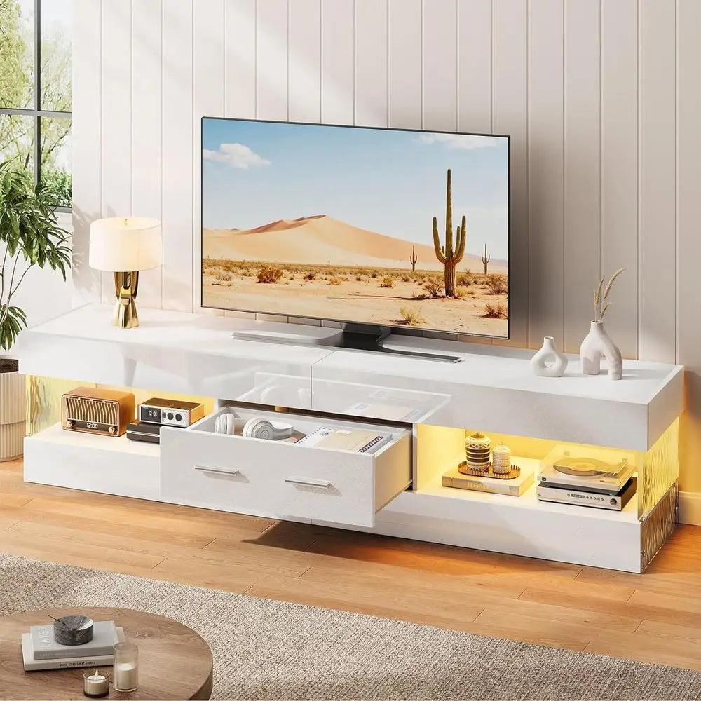 High Gloss LED Entertainment Center Stand for TVs up to 75 Inch with Stone-Edged Do TV with Der & Storage for Living Room