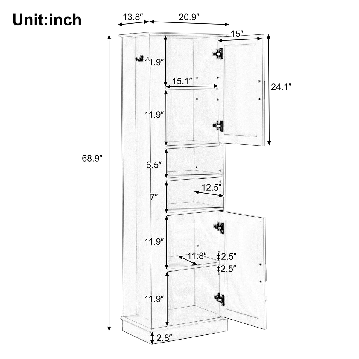 Freestanding Bathroom Storage Cabinet White MDF Tall Organizer with Adjustable Shelves and Side Hook Laundry Room Floor Unit