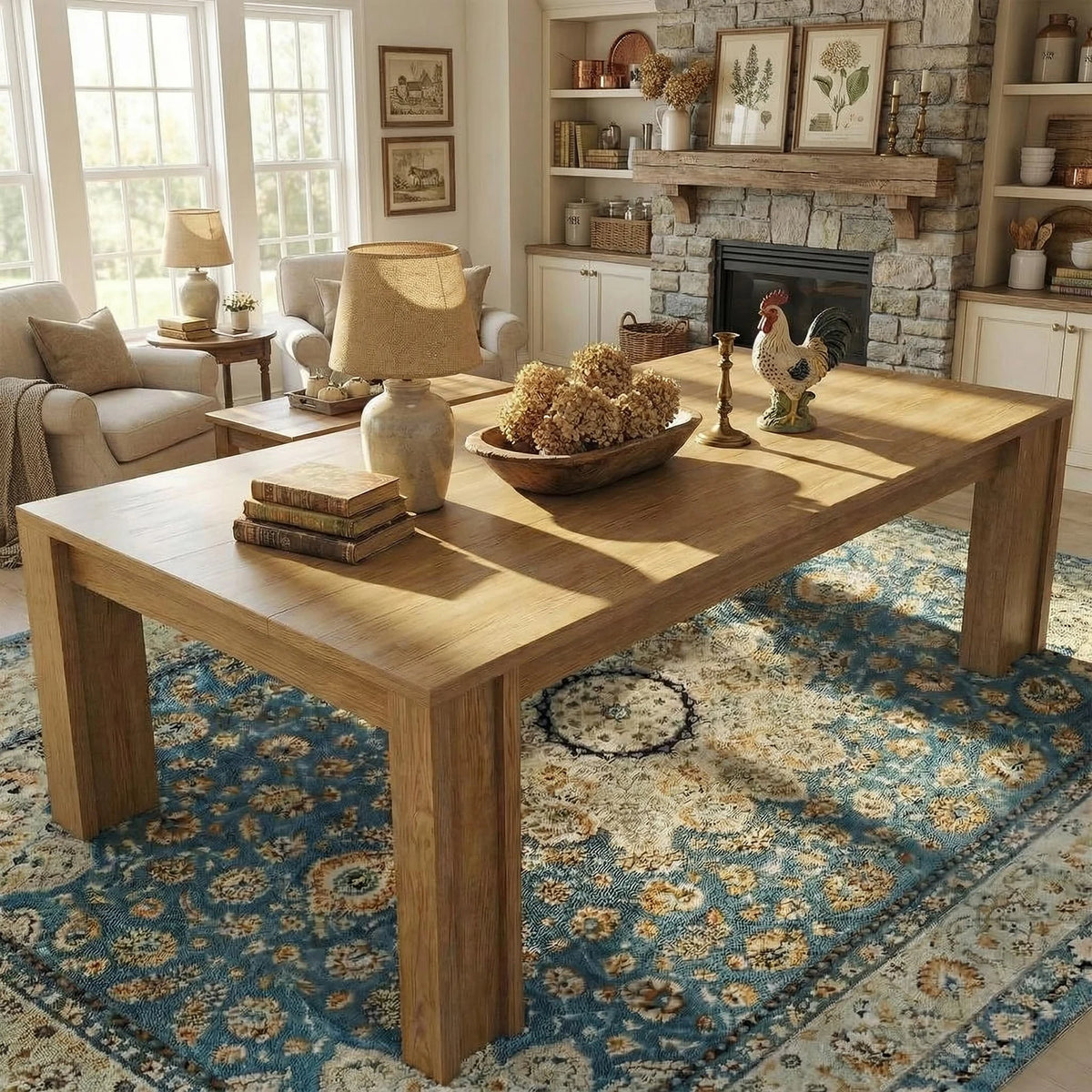 71 Inch Farmhouse Dining Table For 6-8, Rectangular Wood Kitchen Table With Thick Top, Wide H-Legs, 400lb Support For Dining Room