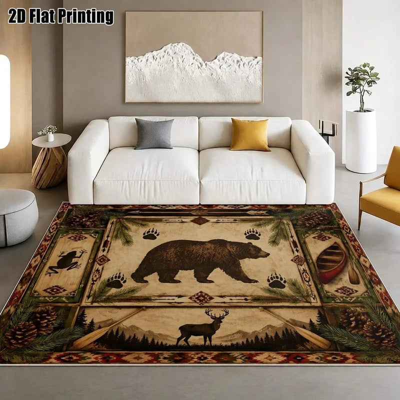 1Pc American Retro Bohemian Bear Deer Pinecone Print Carpet, Bohemian Style Decorative Carpet for Living Room, Bedroom, Dining Room, Bedside, Indoor and Outdoor Patio, Home Decor Accessories