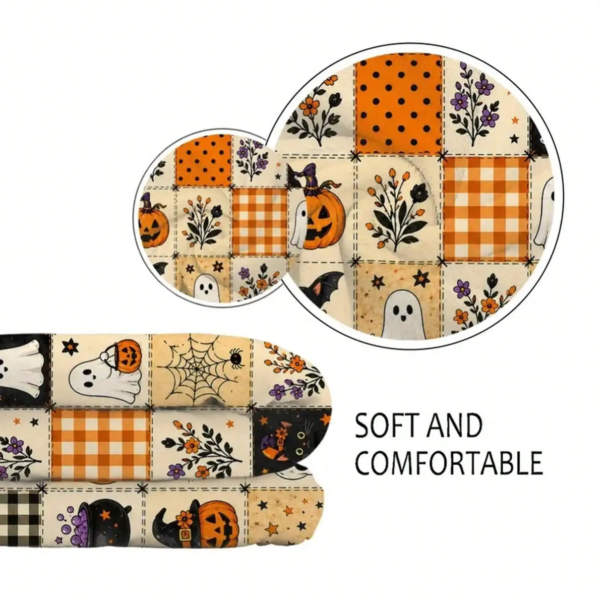 Halloween Ghost Fleece Blanket, Spooky Black Cat Throw Blanket, Pumpkin Patchwork Blanket, Cozy Fall Halloween Home Decor Gift
