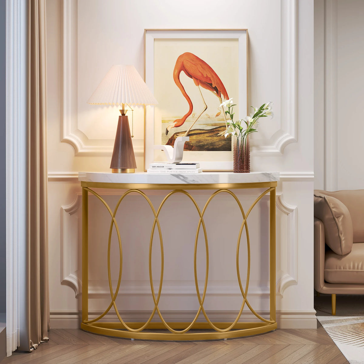 Tribesigns Half Moon Gold Console Table, 43" Modern Entryway Table, Narrow Semi Circle Sofa Table with Geometric Metal Frame