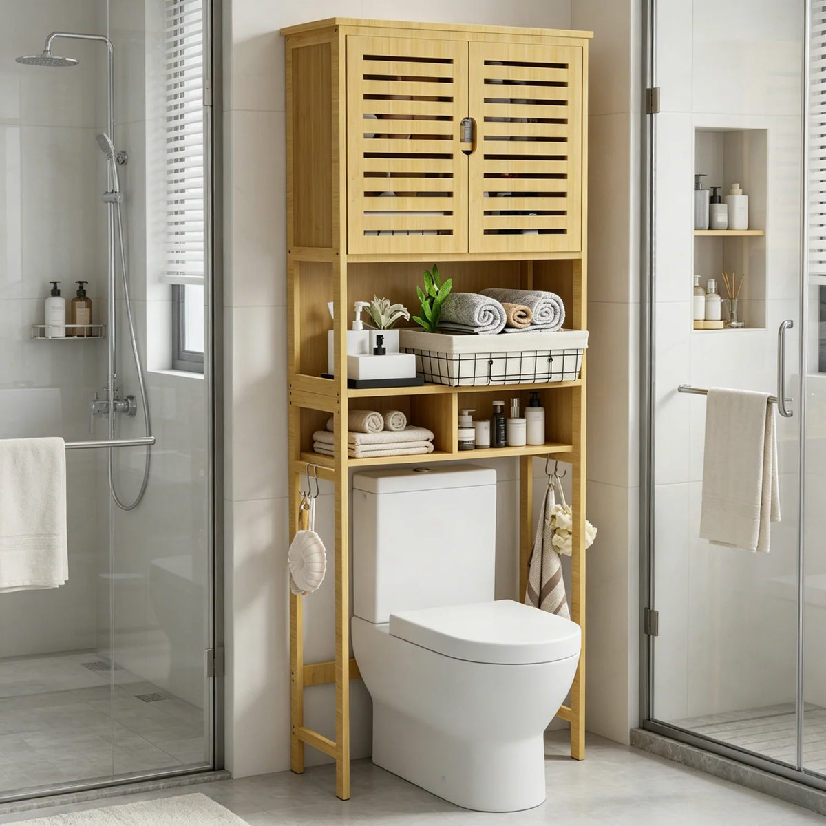 Natural Bamboo Over The Toilet Storage Rack 3-Tier Shelves Storage Shelf Cabinet Bathroom Organizer Space Saver