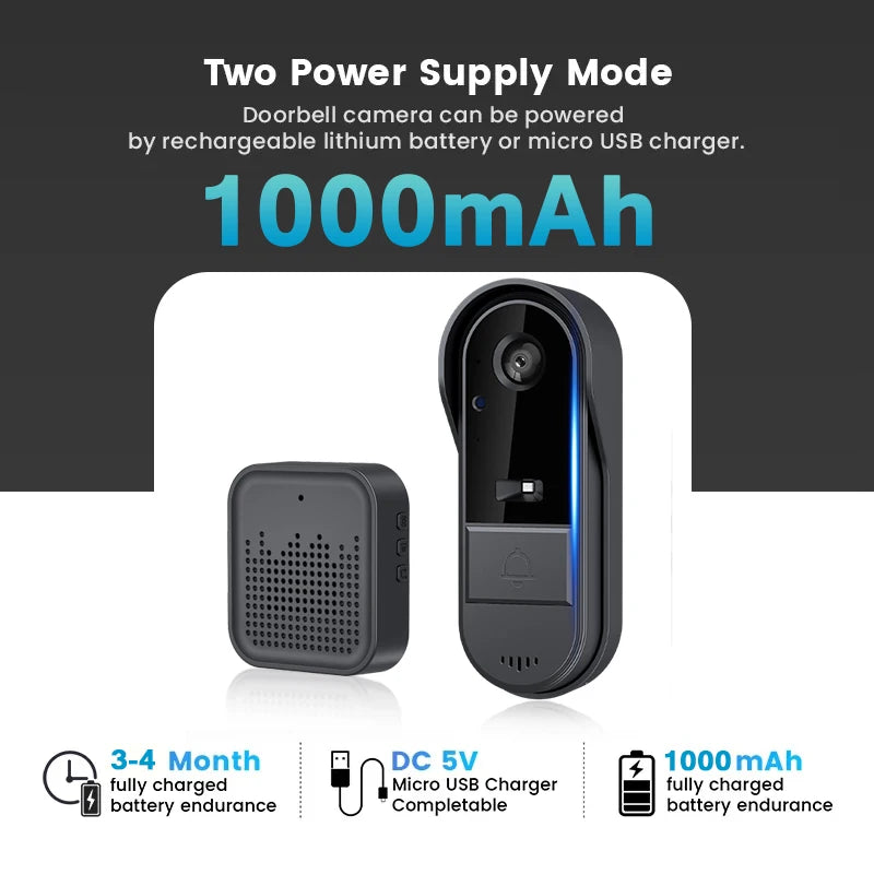 XBIBI Tuya WiFi doorbell 2-way HD 1080P, microSD/cloud, waterproof, 1000mAh battery, long standby,Wireless Security Camera