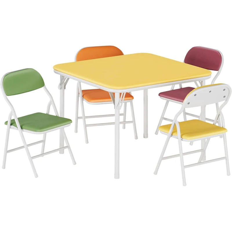 5-Piece Kids Folding Table and Chairs Set, Square Table | Foldable Children's Activity Table & Chair Set, Upholstered Chairs, Waterproof PU Top, No Assembly, Toddler Furniture