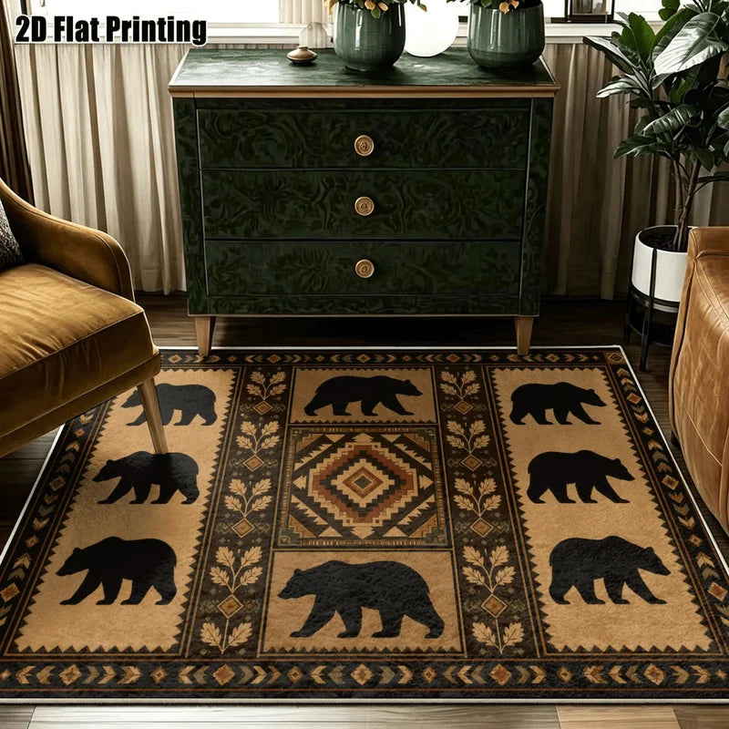 1Pc American Retro Bohemian Black Bear Pattern Carpet, Art Decorative Carpet, Suitable for Living Room, Bedroom, Dining Room, Bedside, Indoor and Outdoor Patio, Home Decoration