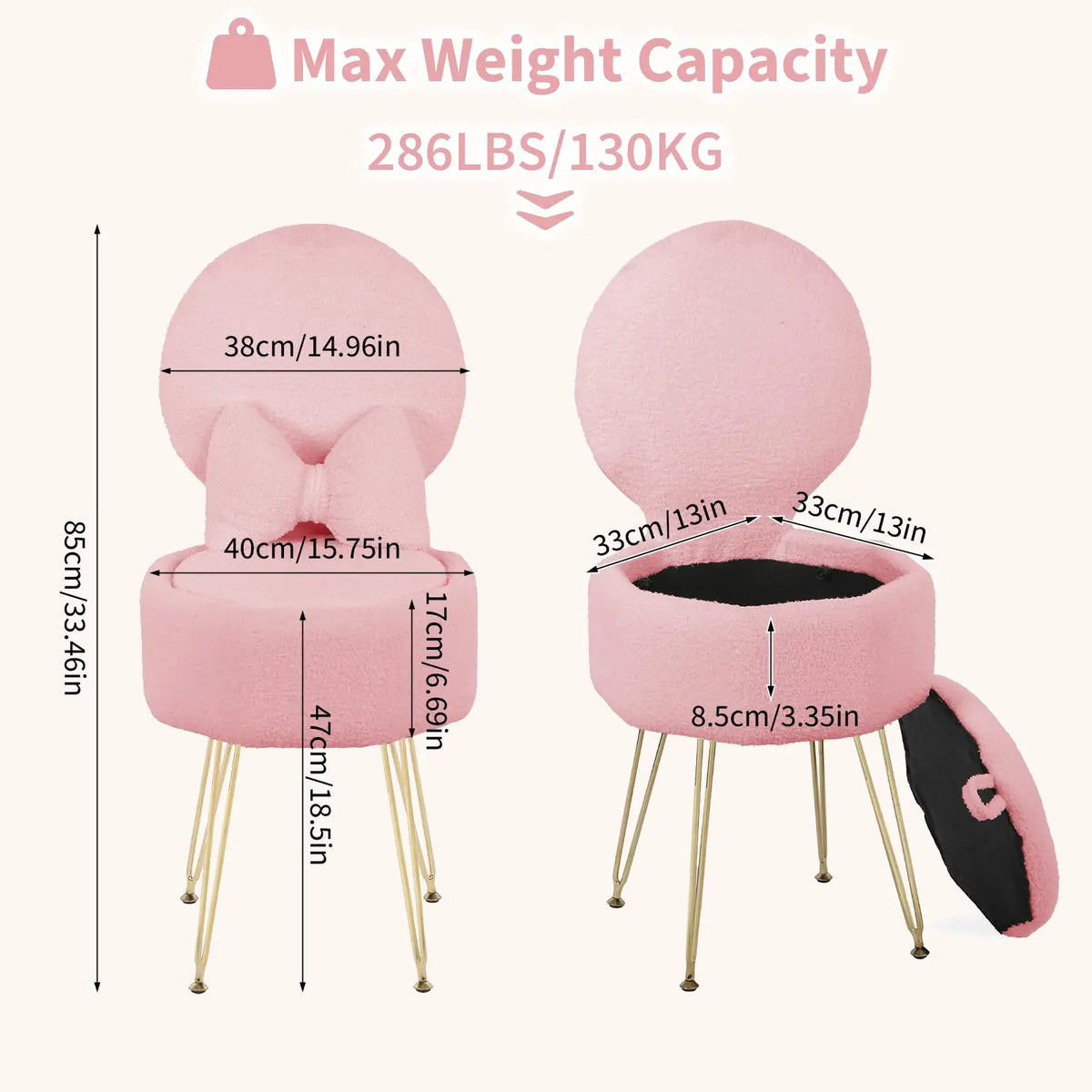 Vanity Stool Chair with Pillow & Foldable Backrest, Sherpa Fleece Vanity Chair with Stroage Space & Metal Legs, Soft Storage Ottoman, Modern Accent Chair for Makeup Bedroom Living Room