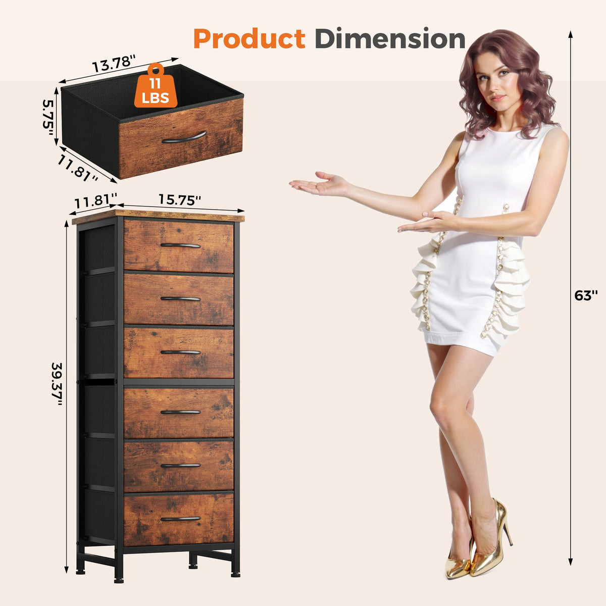 JHK Tall 6 Fabric Drawer Dresser for Bedroom Wood Top and Metal Frame Skinny Chest of Drawers Narrow Storage Tower with Organization Furniture