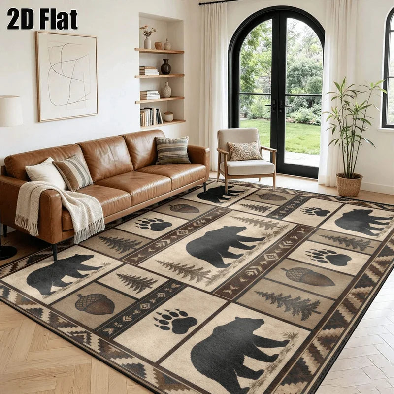 1Pc American Retro Black Bear Pinecone Pattern Rug, Machine Washable, Personalized Decoration, Retro Style Home Decoration, Suitable for Living Room, Bedroom, Entryway, Office, Corridor and Other Areas