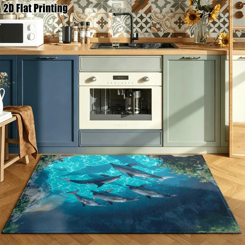 1Pc Dolphin Pattern Rug, Ocean Style Blue Decorative Rug, Suitable for Living Room, Bedroom, Dining Room, Bedside, Indoor and Outdoor Patio, Home Decoration Accessories