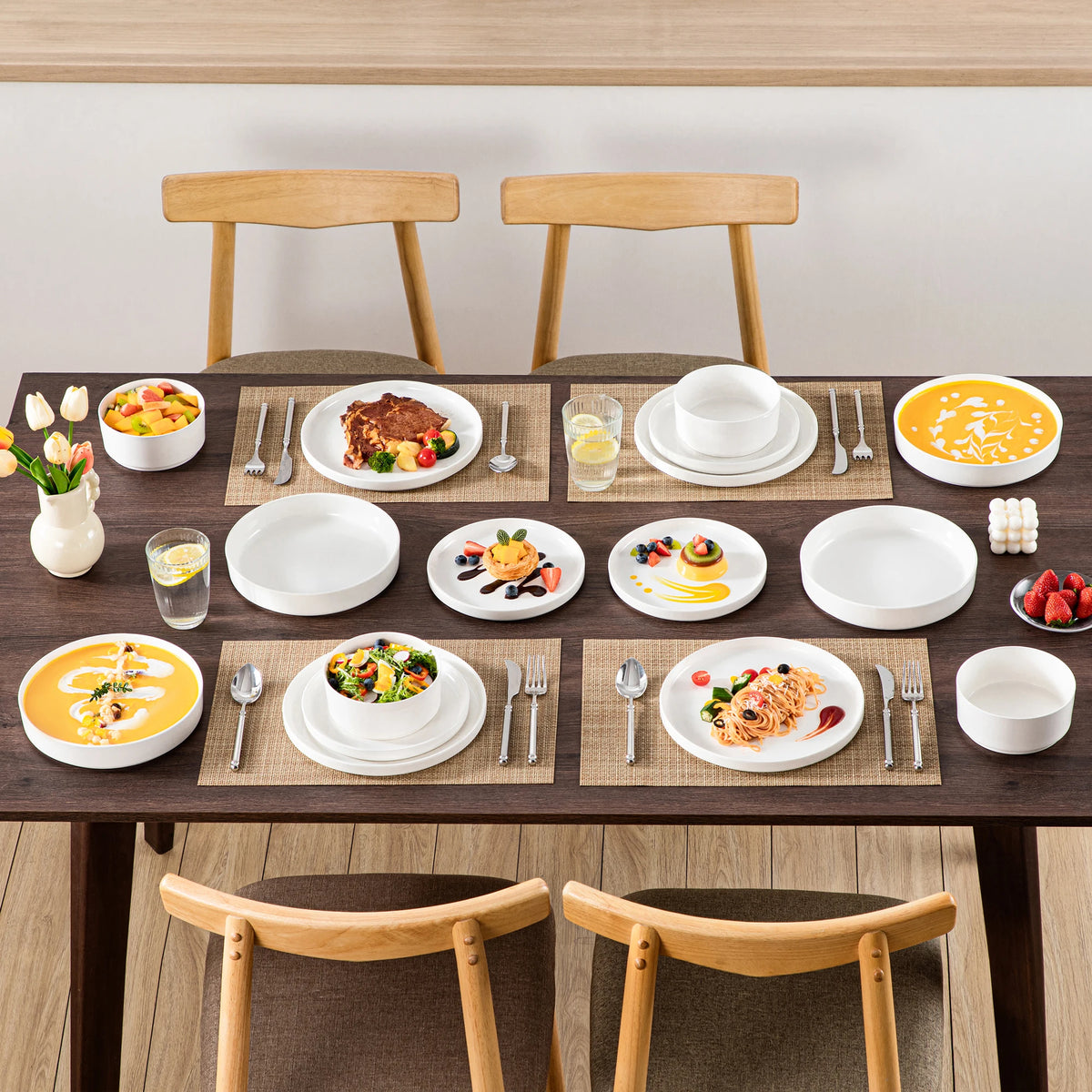 MALACASA 12/16/18/24 Piece Dinner Plates Sets Black Rim Half standing edge Dinnerwar with 4/6PCS Dinner Plate/Dessert/Soup/Bowl