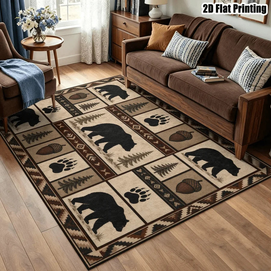 1Pc American Retro Black Bear Pinecone Pattern Rug, Machine Washable, Personalized Decoration, Retro Style Home Decoration, Suitable for Living Room, Bedroom, Entryway, Office, Corridor and Other Areas