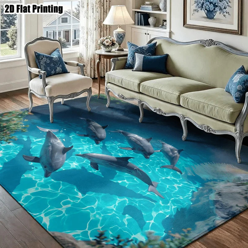 1Pc Dolphin Pattern Rug, Ocean Style Blue Decorative Rug, Suitable for Living Room, Bedroom, Dining Room, Bedside, Indoor and Outdoor Patio, Home Decoration Accessories