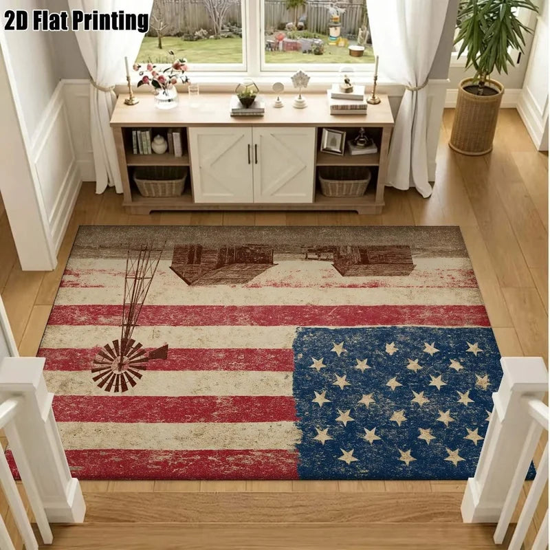 1Pc American Retro Flag Farmhouse Style Print Carpet, Bohemian Style Decorative Rug for Living Room, Bedroom, Dining Room, Bedside, Indoor and Outdoor Patio, Home Decor Accessories