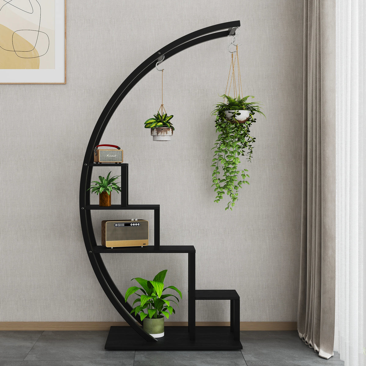 5 Tier Metal Plant Stand Pack of 2, Half-Moon Shape Plant Rack with Hanging Hooks, Tall Ladder Flower Display Shelf, Plant Holder for Home Decor, Garden, Balcony (Black)