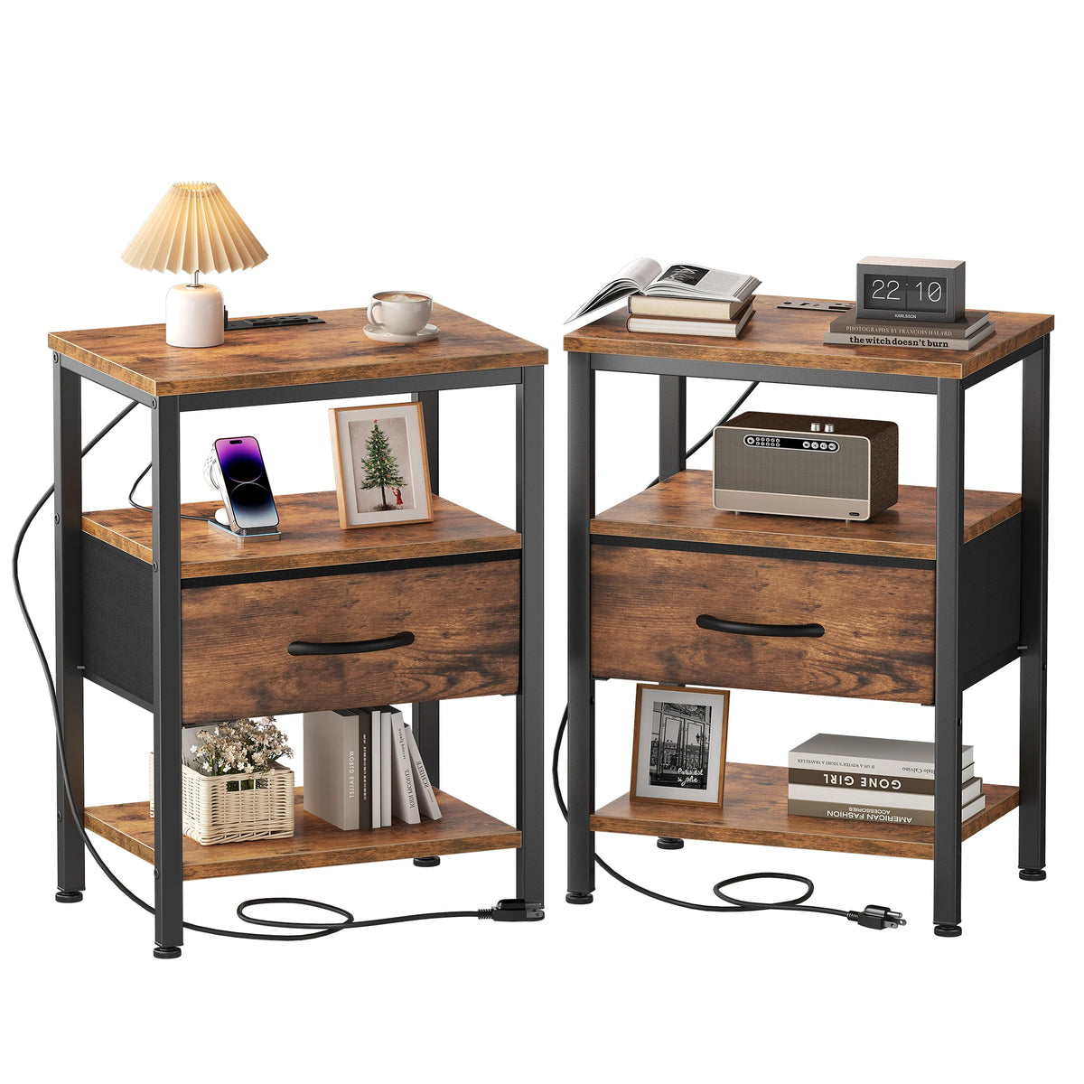 MCQ Nightstand Set of 2 Fabric Drawers with Charging Station Cabinets Bedside End Table Storage With Charging Station for Home