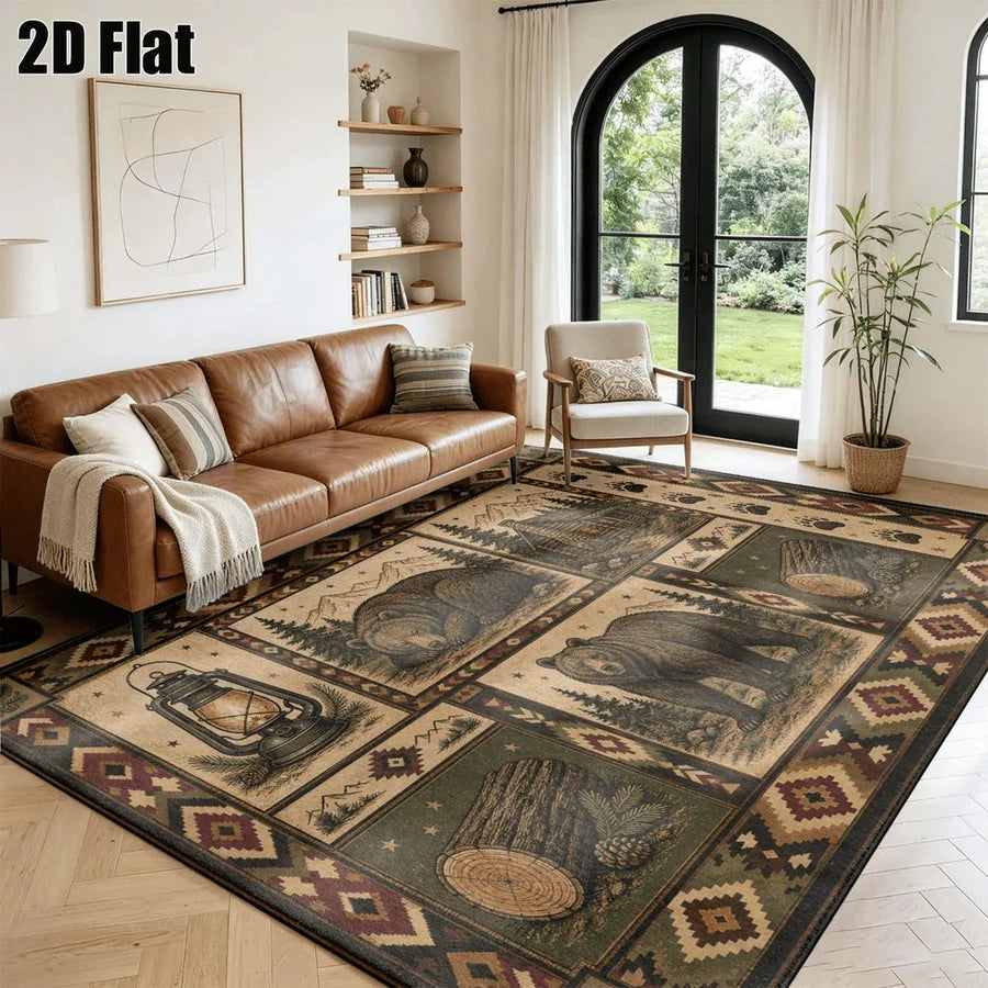 1Pc American Retro Bohemian Brown Bear Cabin Carpet, Art Decorative Rug for Living Room, Bedroom, Dining Room, Bedside, Indoor and Outdoor Patio, Home Decor