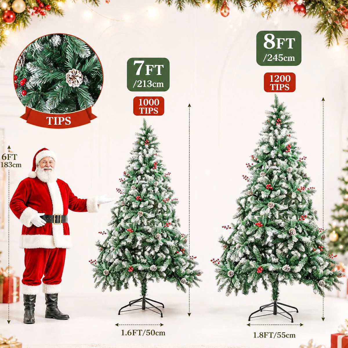 7FT 8FT Snow Flocked Artificial Christmas Tree with Pine Cones & Red Berries, Hinged Xmas Tree with Foldable Metal Stand for Indoor Holiday Home Decor