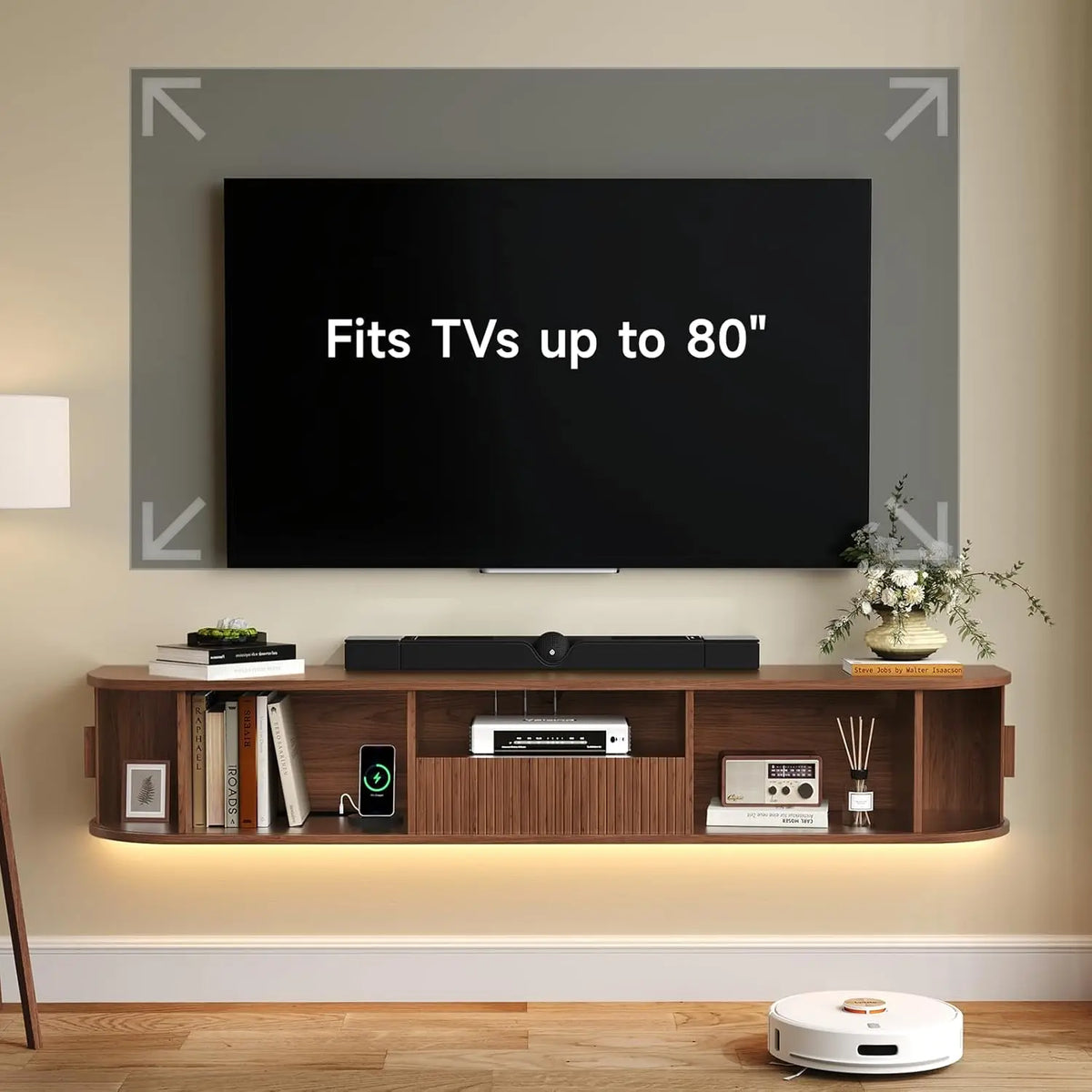 70 Inch Smart Floating TV Stand with LED Lights & Power Outlet - App Control Entertainment Center for 80" TVs, Mid-Century Modern Fluted Wood Design Living Room Storage Cabinet,Walnut