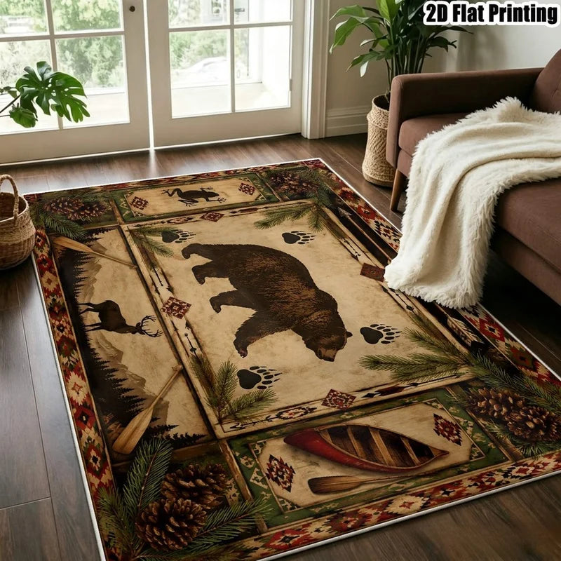 1Pc American Retro Bohemian Bear Deer Pinecone Print Carpet, Bohemian Style Decorative Carpet for Living Room, Bedroom, Dining Room, Bedside, Indoor and Outdoor Patio, Home Decor Accessories