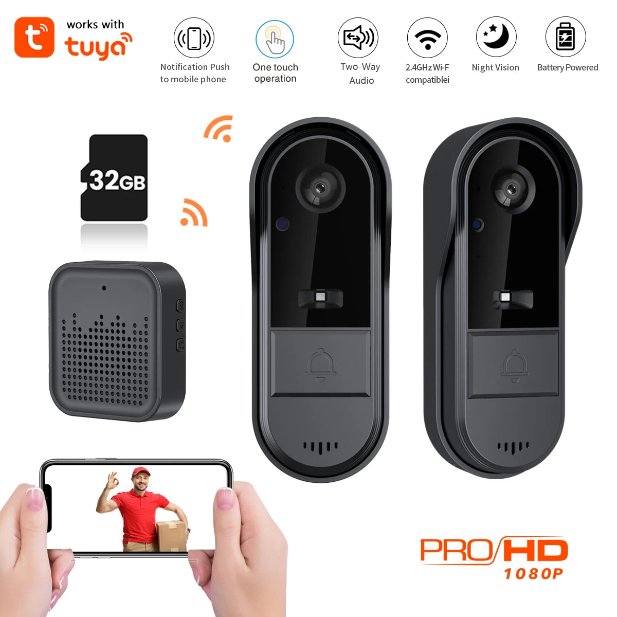 XBIBI Tuya WiFi doorbell 2-way HD 1080P, microSD/cloud, waterproof, 1000mAh battery, long standby,Wireless Security Camera