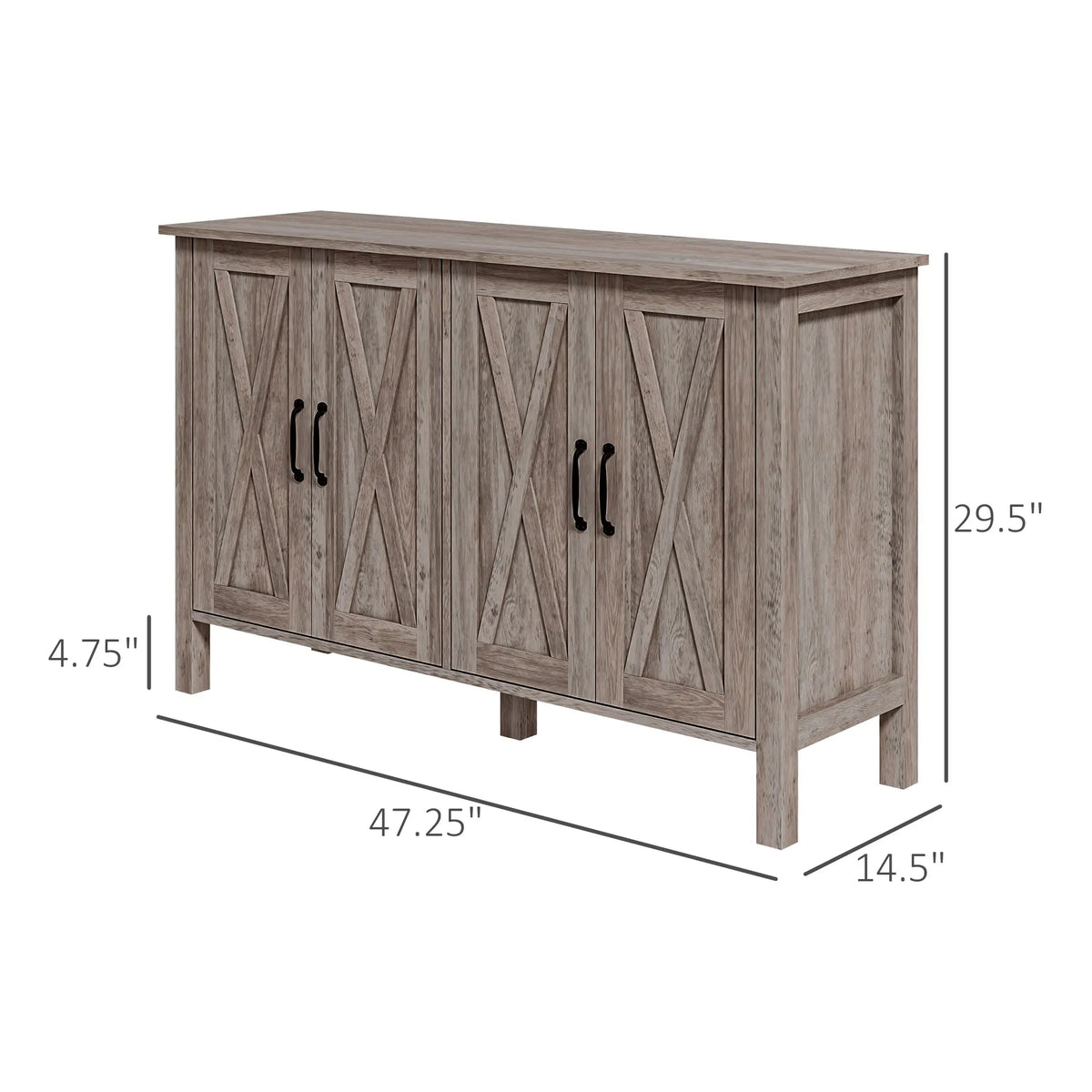 Buffet Cabinet, 47" Sideboard with 4 Barn Doors and 2 Adjustable Shelves, Farmhouse Coffee Bar Cabinet, Gray Wood Grain